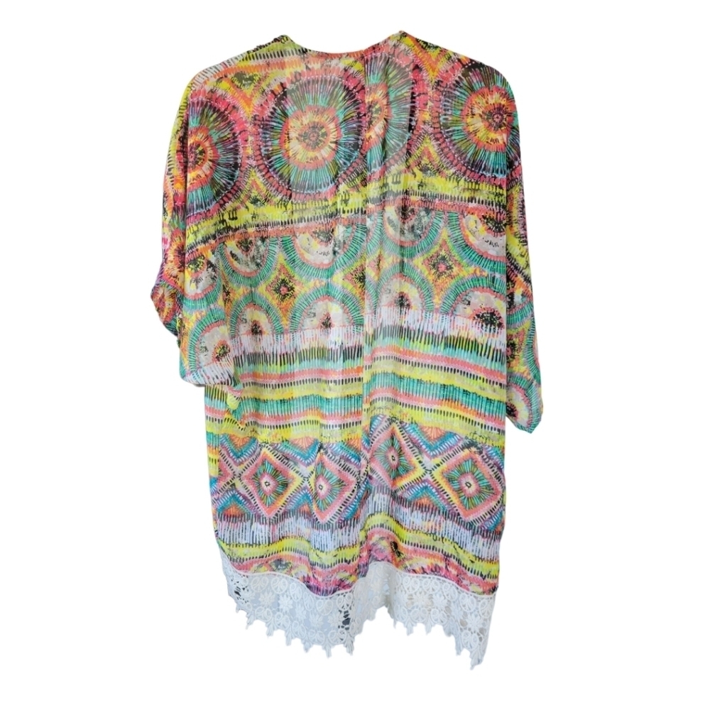 Love Fire Boho Festival Kimono Lace Hem Colorful Cover Up M - Picture 2 of 8